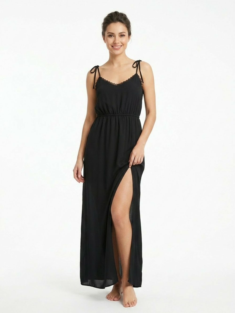 Forever 21 Black Tie-Shoulder Maxi Dress with High Slit